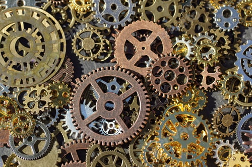 Preview: Closeup of different toothy steampunk gears