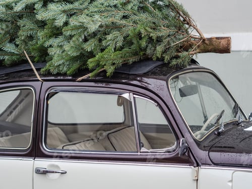 Preview: Moscow Russia - December 15, 2019: Black and white retro car with rooftop xmas tree
