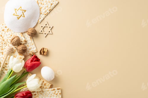 Preview: Graceful Passover arrangement, top view shot. Includes ribboned matzah, rwalnuts, egg, star of David