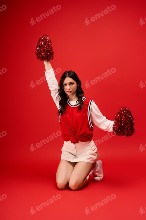 Preview: Fit woman showcasing athletic style in vibrant red studio atmosphere