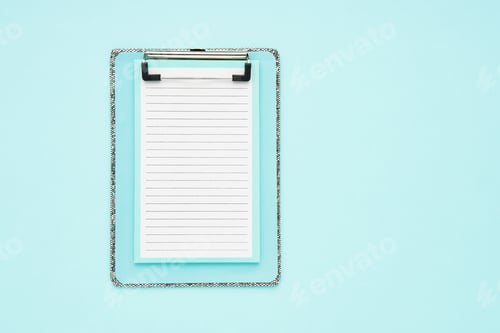 Preview: Blank clipboard mockup on light blue color background. Back to school, deadline, morning concept