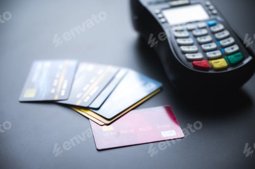 Preview: Closeup of group of credit and debit bank cards with NFC machine on a blue table used