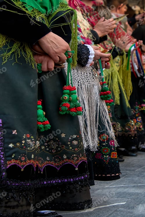 Preview: Low-angle shot of a group of Castilla y Leon natives in traditional attire standing in a line
