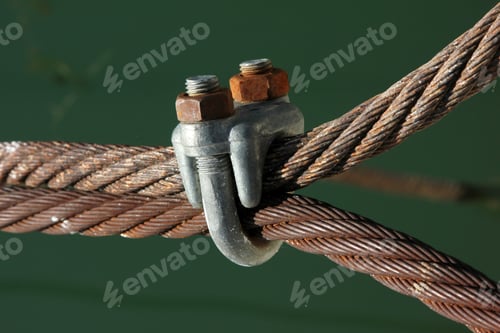 Preview: Wire rope clamps and rusty steel ropes.