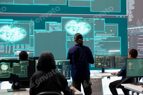 Preview: Governmental hacker examines info on a big screen in agency office