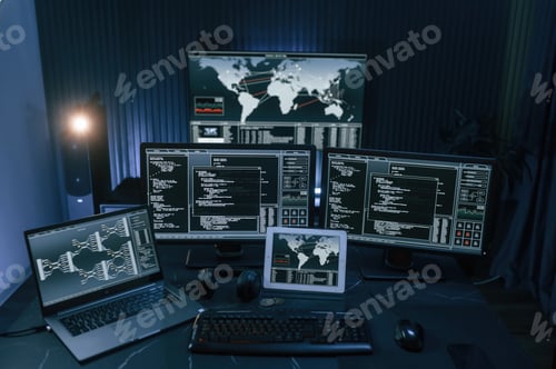 Preview: Cyber criminal haker dark room for massive attack of corporate big data servers