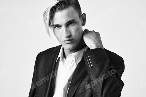 Preview: handsome man fashionable hairstyle in suits posing close-up