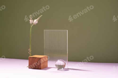 Preview: Abstract creative podium platform from various natural materials, dark green purple background