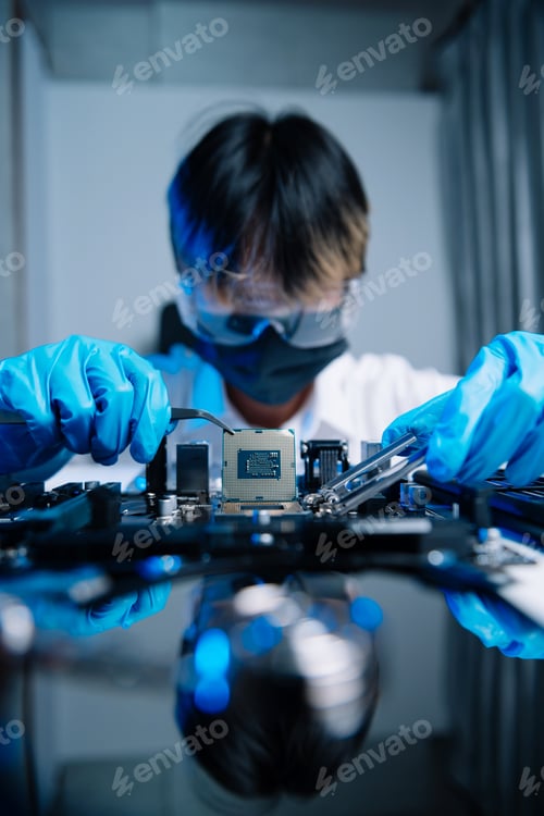 Preview: The technician is putting the CPU on the socket of the computer motherboard. electronic engineering