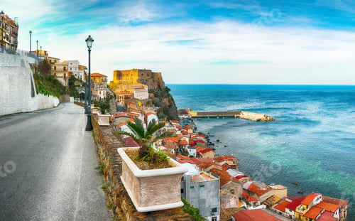 Preview: Beautiful seaside town village Scilla with old medieval castle on rock Castello Ruffo