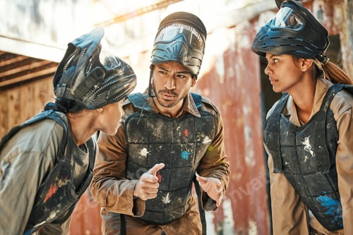 Preview: Paintball game, team strategy and man explain ideas, training challenge or battlefield conversation