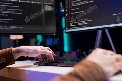 Preview: Man deploying programming script increasing data security, close up shot