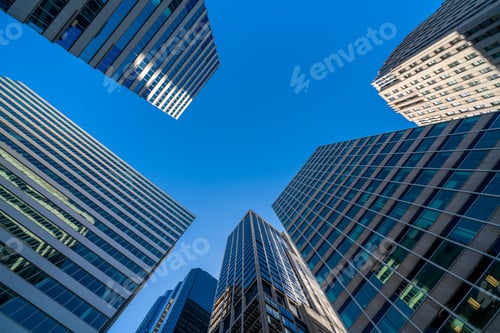 Preview: Modern office glasses buildings cityscape under blue clear sky in Washington DC, USA