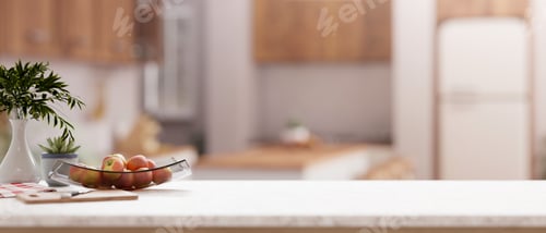 Preview: A close-up of a kitchen countertop with a blurred background of a contemporary Scandinavian kitchen.