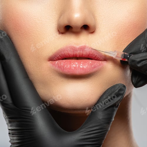 Preview: Caucasian woman getting botox cosmetic injection in the lips. Woman gets botox injection in her face