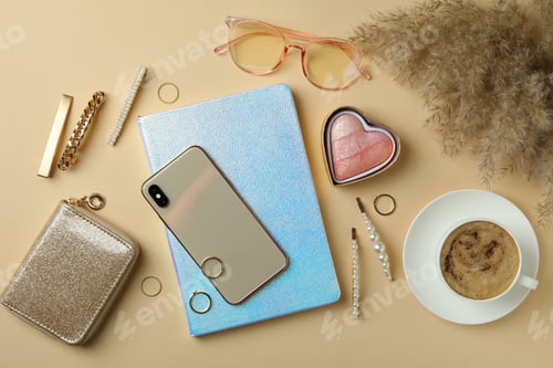 Preview: Different female accessories on beige background, top view