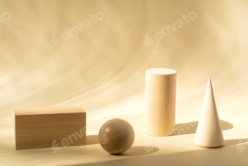 Preview: Conceptual Background with light wooden podiums and wooden ball on beige background for branding