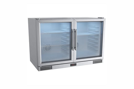 Double-Door Refrigerator with Visible Interior Shelves and Digital Display