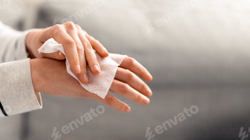 Preview: Woman disinfecting hands with antibacterial alcoholic napkins