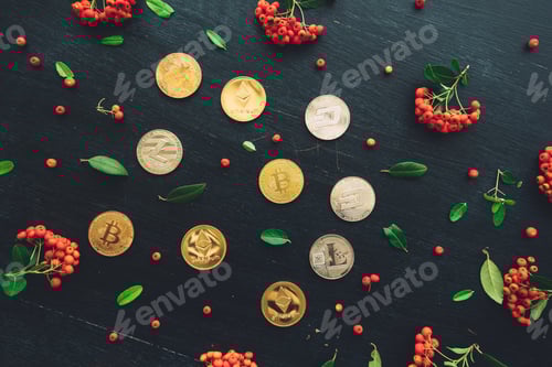 Preview: Flat lay cryptocurrency coins, top view