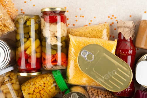 Preview: Emergency groceries food background with copyspace