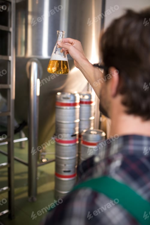 Preview: Cropped image of worker examining beer in beaker