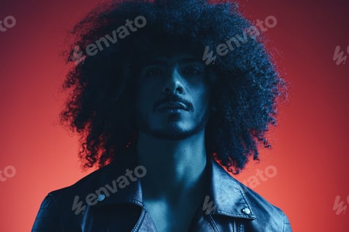 Preview: Portrait of fashion man with curly hair on red background multinational, colored light, black