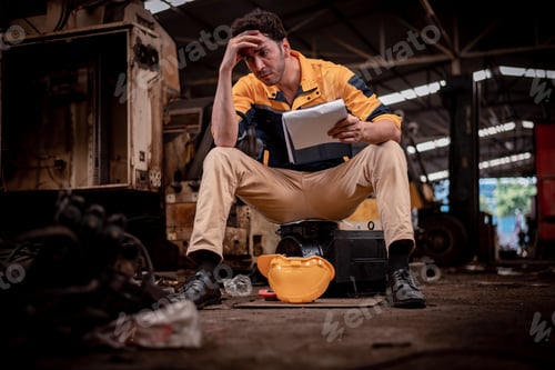 Preview: Worker wearing uniform sitting in factory plantation posing feel tried and serious with work ,he sho