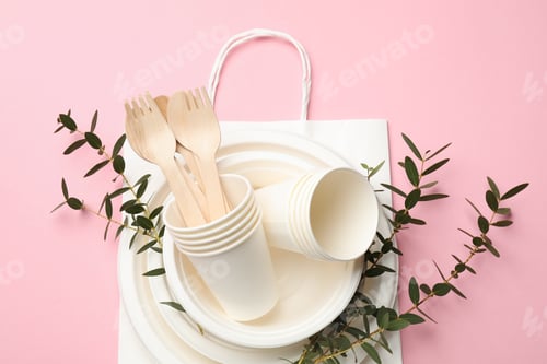 Preview: Set of disposable tableware, paper bag and eucalyptus branches on pink background, top view