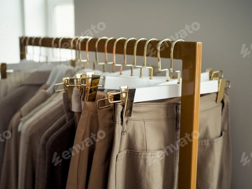 Preview: pastel-colored clothes on hangers in the wardrobe. beige clothes