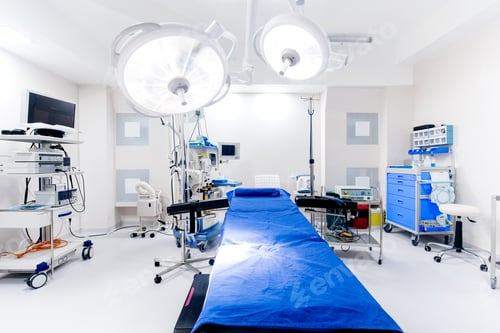Preview: Close up details of hospital interior. Operating room with surgery lamps and medical equipment