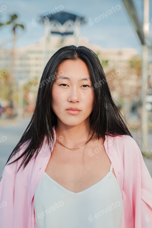Preview: vertical individual portrait of serious asian young adult woman with toughtful expression. Teenage