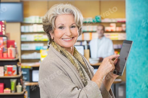 Preview: Portrait of senior woman using digital tablet to check medicine online in pharmacy