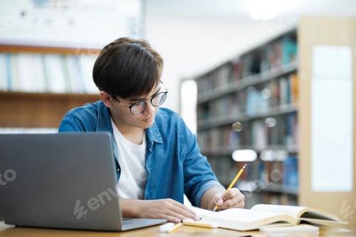 Preview: Student studying at library.