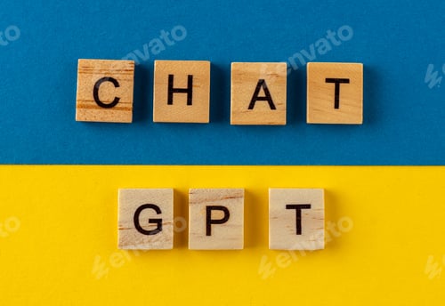 Preview: ChatGPT background. Words in wooden letters. Chat with AI or Artificial Intelligence by OpenAI.