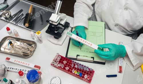 Preview: police scientist takes data from evidence box in crime lab, conceptual image