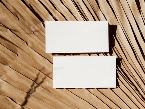 Preview: Two white business cards branding mockup template on beige dry palm leaf background top view