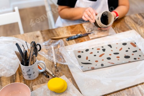 Preview: Ceramic works. Ceramic workshop work table.