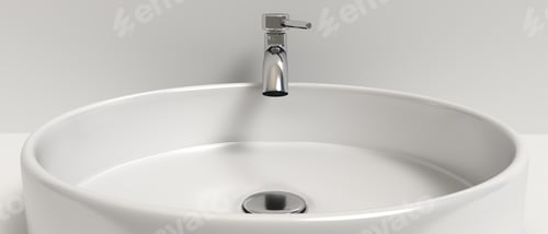 Preview: Sink basin and faucet, bathroom interior. Chrome mixer tap and white washbasin. 3d illustration