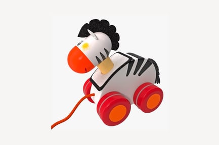 Preview: Wooden zebra pull toy with red wheels and rope