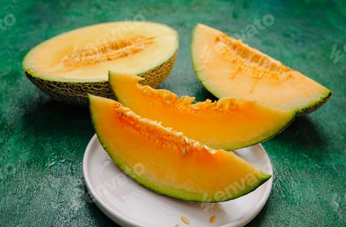 Preview: Cantaloupe melon slices arranged on a textured green surface with one half of the melon