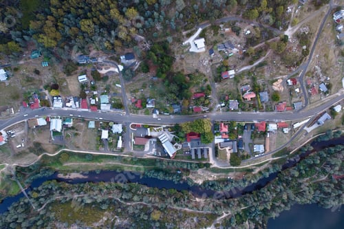 Preview: Top-down aerial of small town Derby, Tasmania