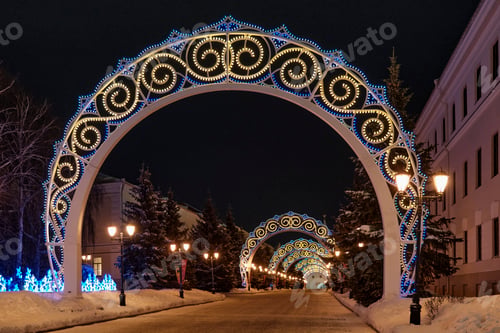 Preview: Decorated Kremlin street in the Kazan Kremlin at night in the winter, Kazan, Russia.