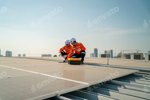 Preview: Workers inspecting solar panels on a rooftop in a sunny urban environment