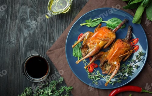 Preview: Baked quail with greens on a dish on a wooden table. Dish of poultry.Food background.Space for text.
