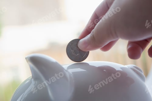 Preview: Cropped view of hand inserting coin into piggybank