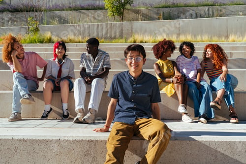 Preview: Multiethnic group of young friends meeting and having fun outdoors