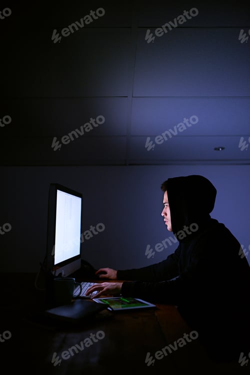 Preview: Shot of a hooded computer hacker using a computer in the dark