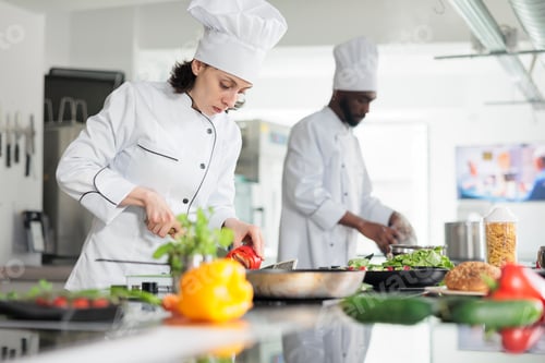 Preview: Head cook in professional kitchen cooking organic food while cutting fresh vegetables.