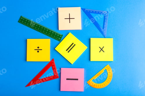 Preview: front view different signs on colorful stickers with figures on blue background math color science